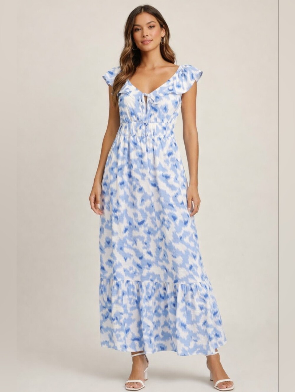 Nine West Blue Watercolor Tie-Front Maxi Dress Rayon Blend Lined Large NWT